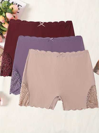 3pcs Contrast Lace Boyshort Panties, Seamless Scallop Trim Bow Tie Panties, Women's Lingerie & Underwear
