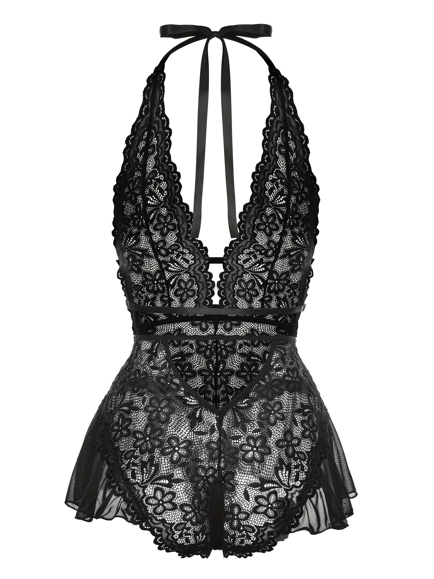 Sultry Floral Lace Teddy Bodysuit - Teddies with Halter Strappy Backless Open Crotch Design, Sexy Women's Lingerie & Underwear for Romantic Nights Out