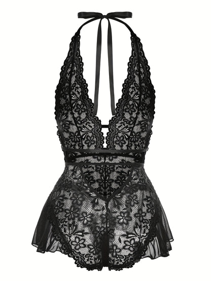 Sultry Floral Lace Teddy Bodysuit - Teddies with Halter Strappy Backless Open Crotch Design, Sexy Women's Lingerie & Underwear for Romantic Nights Out