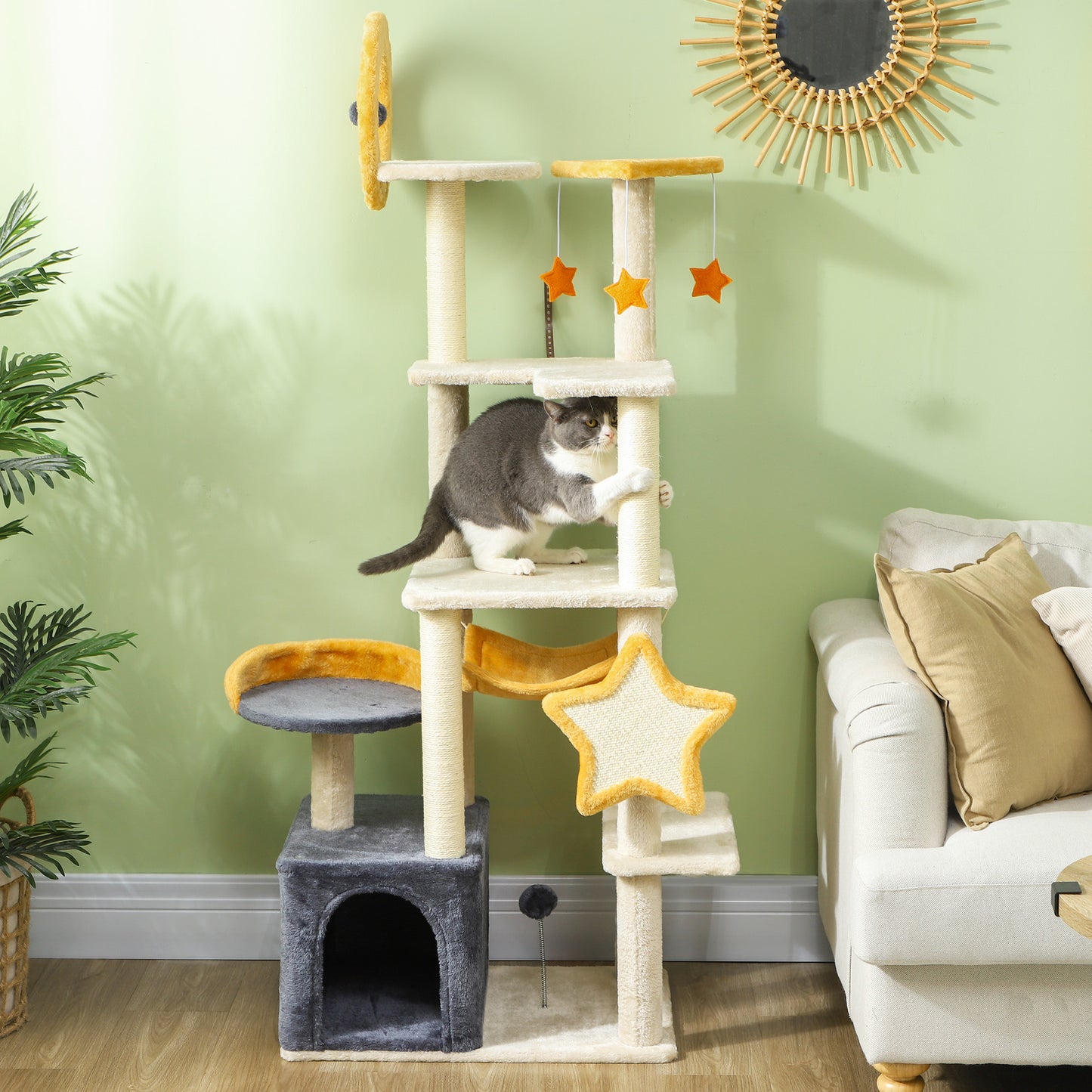 63 Inch Moon and Star Themed Cat Tree with Scratching Post, Hammock, Condo, Bed, Scratching Board & Cat Toys, Beige