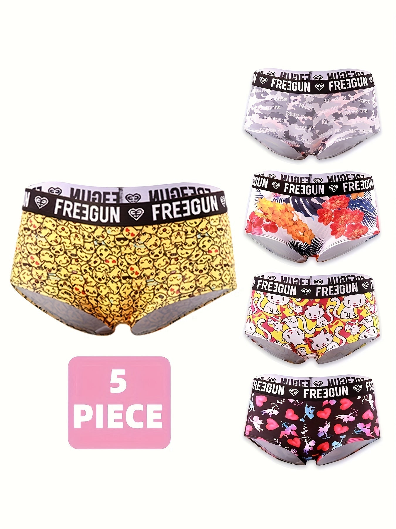 5pcs Soft & Comfortable Cartoon Print Boy Shorts - Women's Lingerie & Underwear with Cute Designs, Breathable Fabric, and Relaxing Fit for Everyday Wear