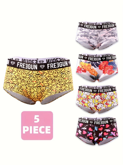 5pcs Soft & Comfortable Cartoon Print Boy Shorts - Women's Lingerie & Underwear with Cute Designs, Breathable Fabric, and Relaxing Fit for Everyday Wear