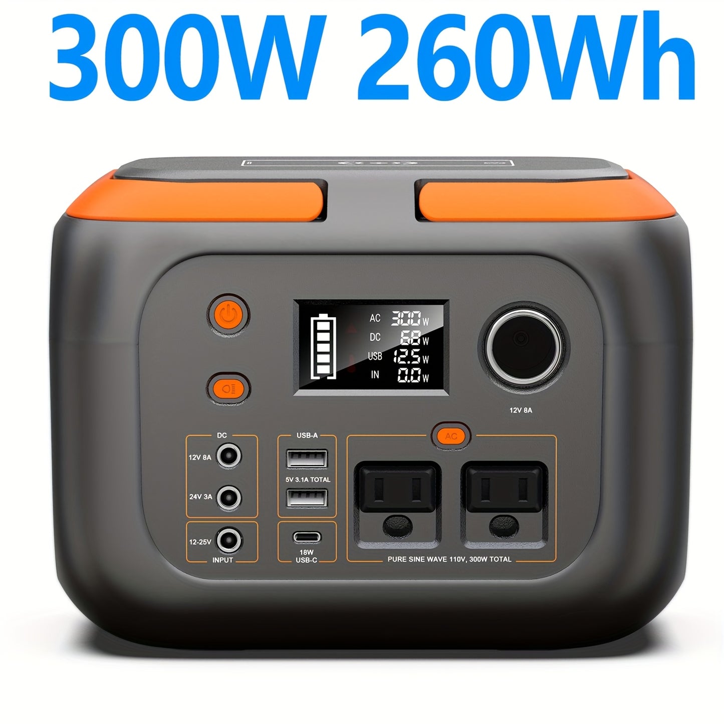 Portable Power Station 300W Solar Generator (Solar Panel Not Included), High-Capacity Battery Pack, 110V Pure Sine Wave AC Outlet, DC USB Mobile Power Supply for Camping, RV Trips, CPAP Machines, and Hurricanes, Outdoor Energ