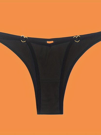 5pcs Solid Ribbed Panties, Soft & Comfy Heart Ring Linked Panties, Women's Lingerie & Underwear