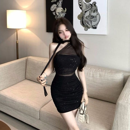 Womens Solid-Color Sequin Ribbon Off-the-Shoulder Sleeveless Dress