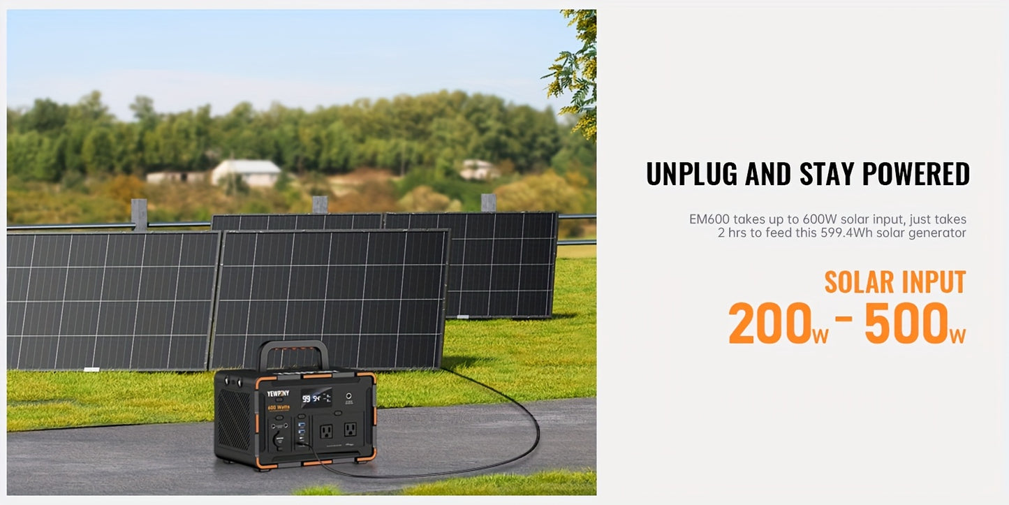 YEWPINY 600W Portable Power Station, 600W Fast Charging, 599.4Wh Lithium Battery Solar Generator AC Power Socket, DC Port, LED Lighting, PD And USB, A Total Of 9 Output Ports, Suitable for Home, Outdoor Travel, Camping And Po