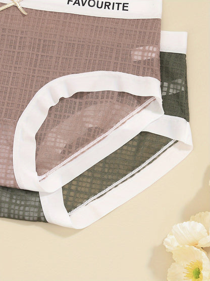 6pcs Letter Print Mesh Briefs, Comfy & Breathable Bow Tie Intimates Panties, Women's Lingerie & Underwear