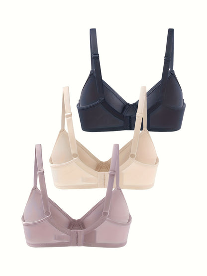 3pcs Comfy Seamless Bras, Simple Solid Push Up Everyday Bra for Women, Breathable Lingerie & Underwear