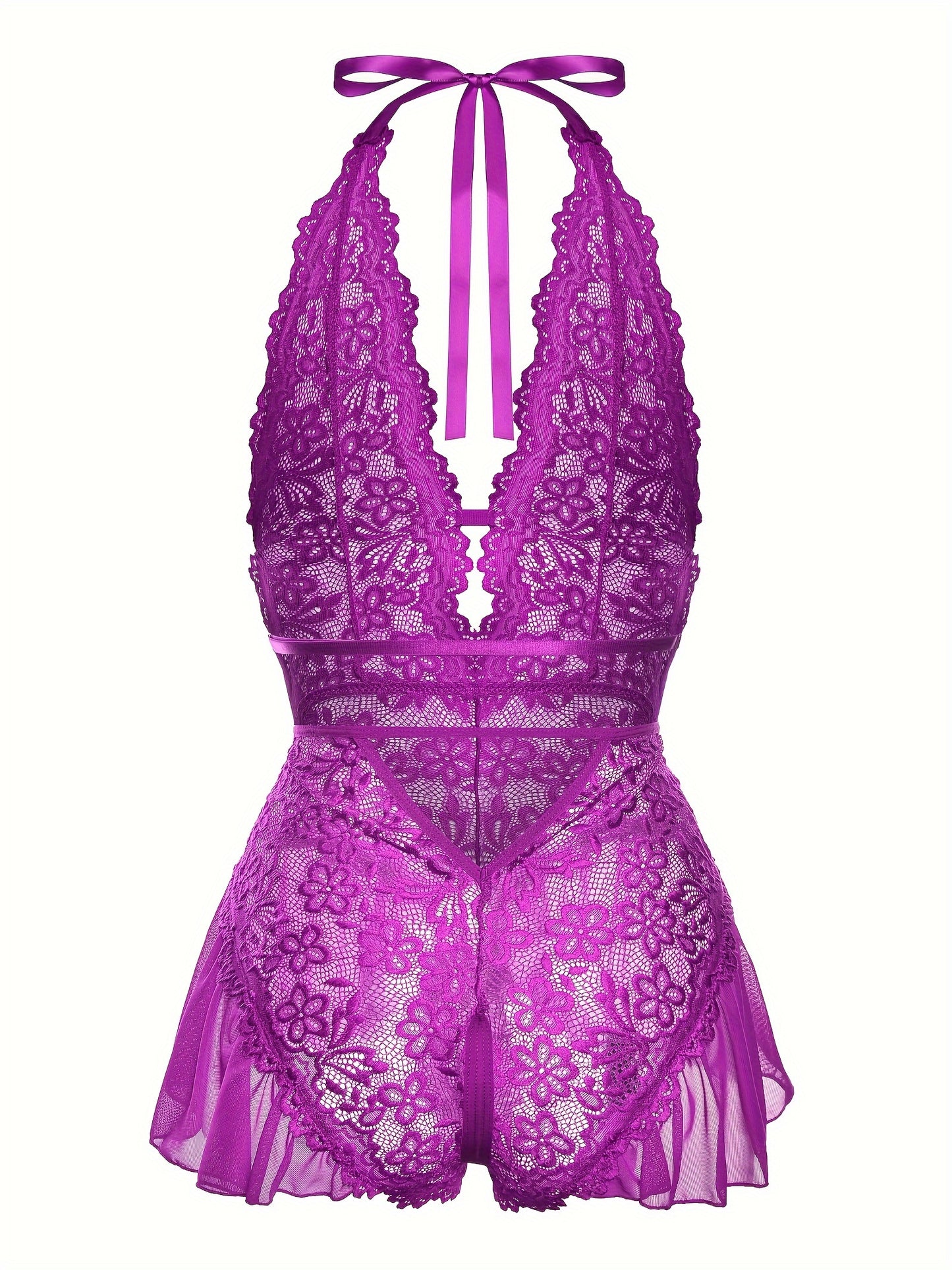 Sultry Floral Lace Teddy Bodysuit - Teddies with Halter Strappy Backless Open Crotch Design, Sexy Women's Lingerie & Underwear for Romantic Nights Out