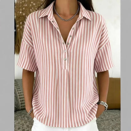 Women's Fashion Casual Striped Short-Sleeve Shirt With Lapel Collar