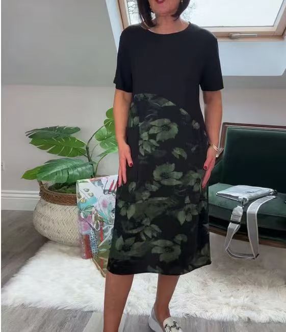 European And American Style Fashionable Patchwork Printed Crew-Neck Midi Dress
