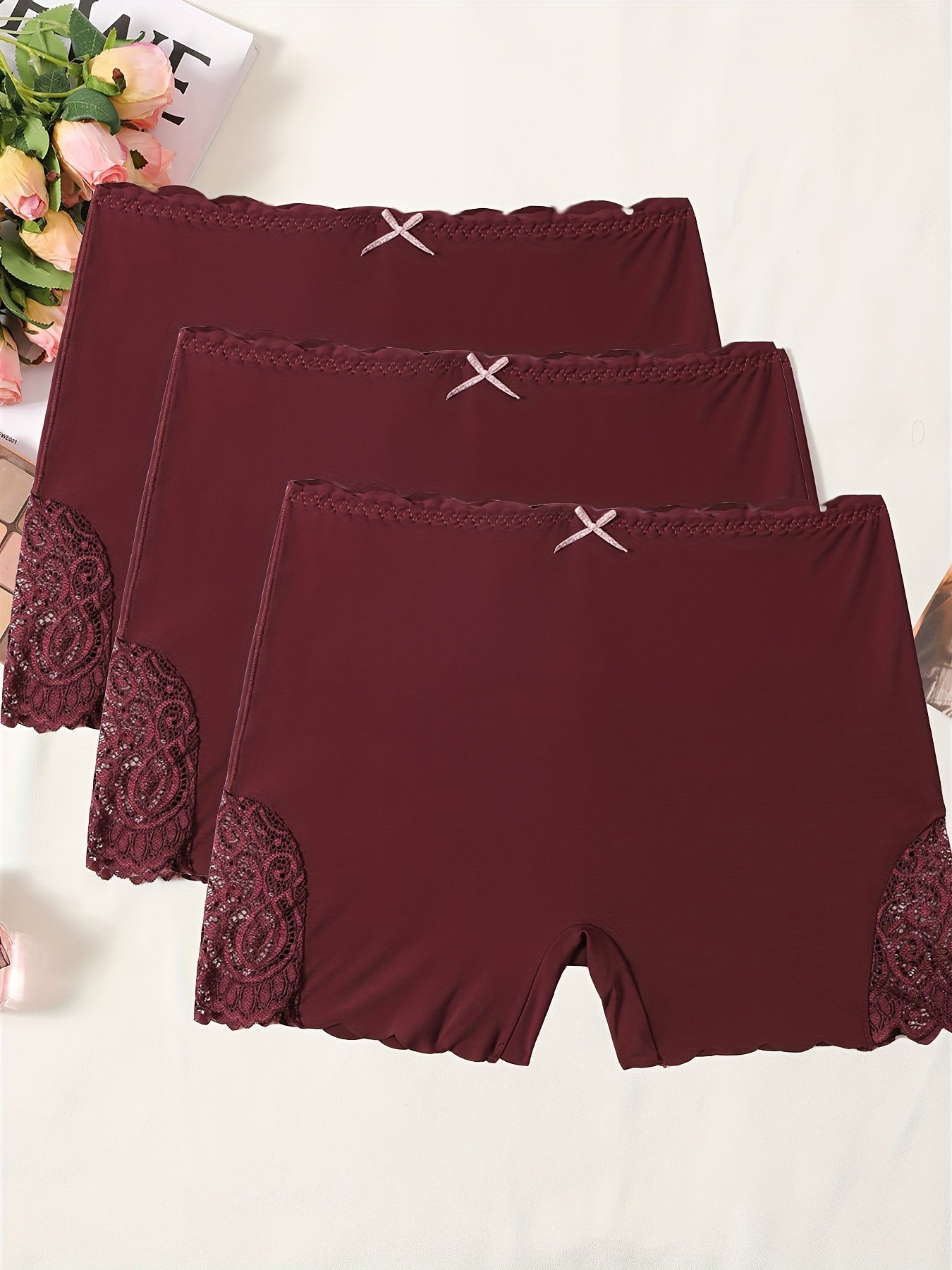 3pcs Contrast Lace Boyshort Panties, Seamless Scallop Trim Bow Tie Panties, Women's Lingerie & Underwear