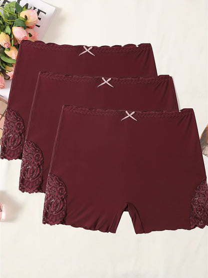 3pcs Contrast Lace Boyshort Panties, Seamless Scallop Trim Bow Tie Panties, Women's Lingerie & Underwear