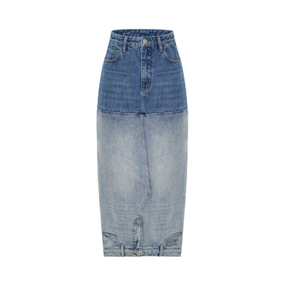 Washed Denim Long Skirts Stitching Design Women's Clothing