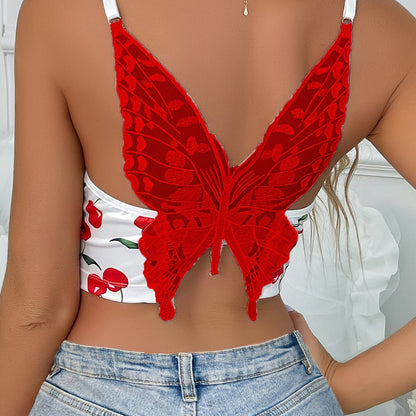 [Sexy Lace Camisole Top] Sexy Black Lace Embroidered Fruit Print Mesh Camisole Top - Women's Soft Silky Fiber Fabric Backless Vest, Cute & Edgy Night Out Attire, Fashion Lingerie, Chic Detailed Embroidery