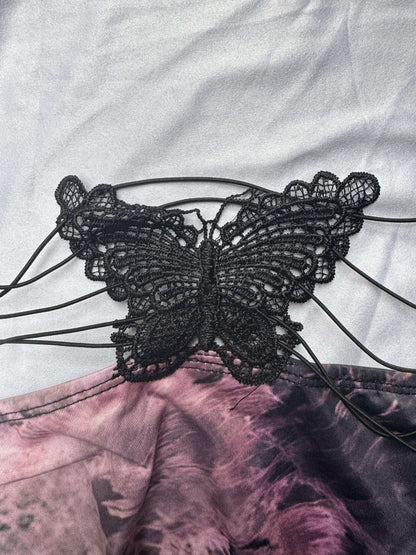 Vibrant Floral Print Mesh Babydoll Dress - Flowy Slip Style with Breathable Fabric, Delicate Butterfly Pattern, Backless Design, and Sultry Appeal - Exclusively for Women, Lingerie and Underwear Collection, Perfect for Everyd