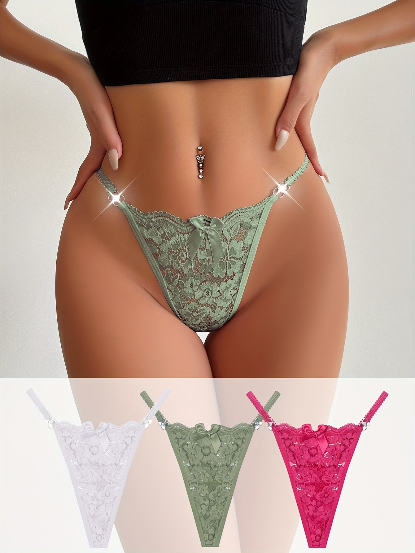 3pcs Floral Lace Bow Thongs, Semi-sheer Ring Linked Panties, Women's Lingerie & Underwear