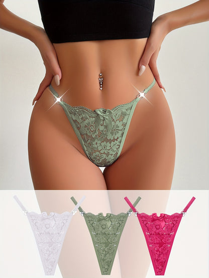3pcs Floral Lace Bow Thongs, Semi-sheer Ring Linked Panties, Women's Lingerie & Underwear