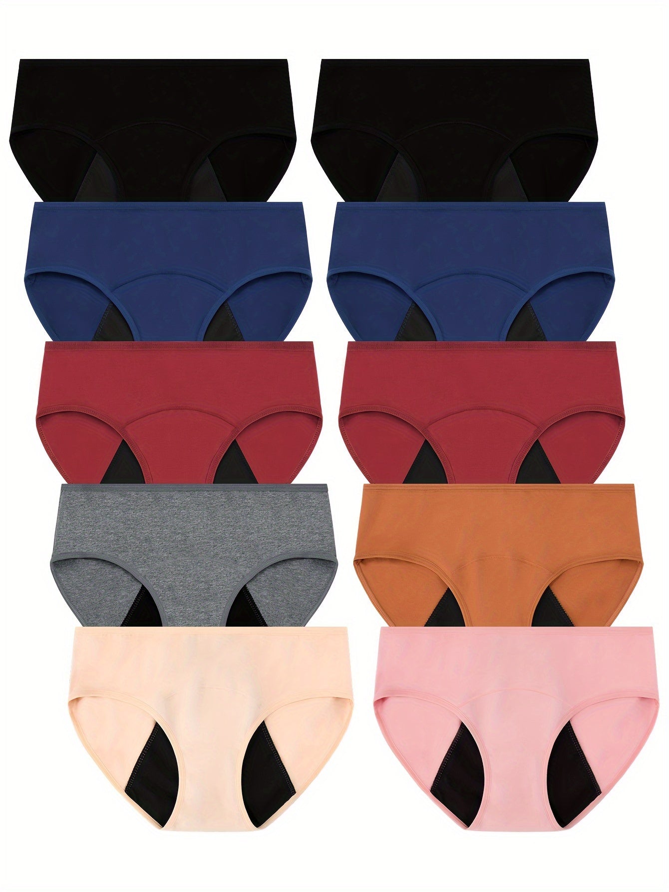 10 Pcs Comfy High Support Mid Rise Period Panties - Breathable Cotton Lingerie with Polyester Lining for Comfortable Wear - Full Coverage, Simple Solid Color Design, Anti-Leak Protection