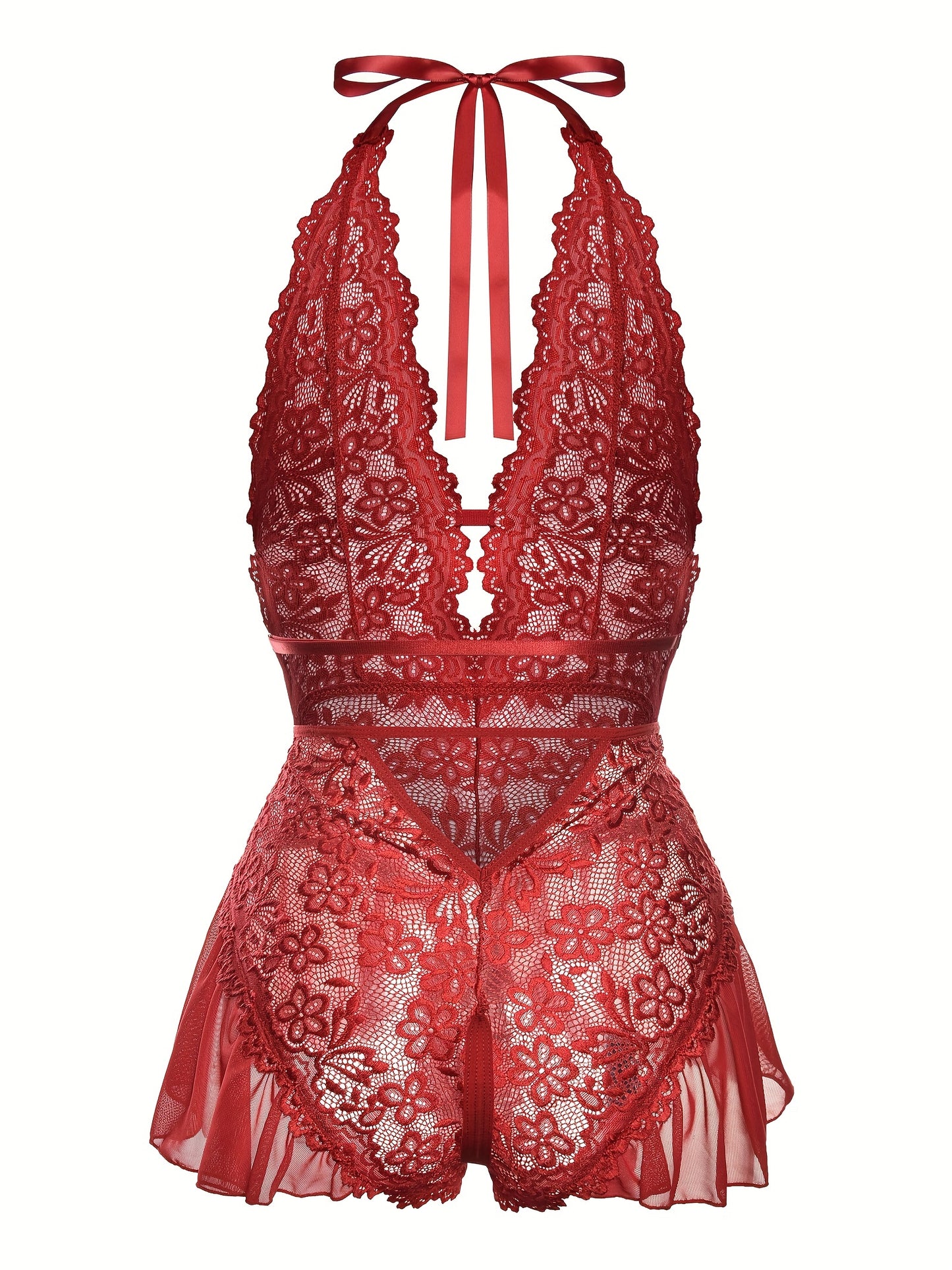 Sultry Floral Lace Teddy Bodysuit - Teddies with Halter Strappy Backless Open Crotch Design, Sexy Women's Lingerie & Underwear for Romantic Nights Out