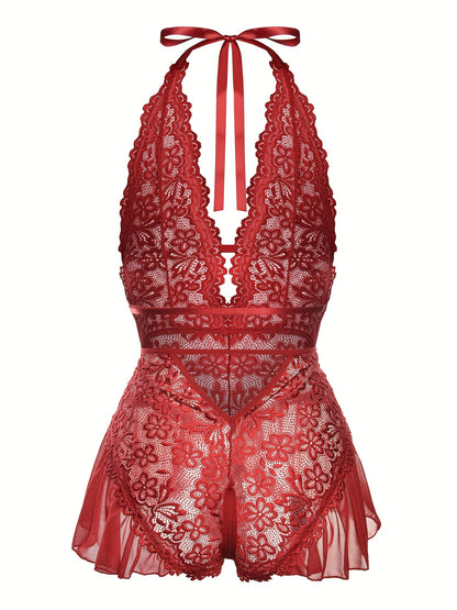 Sultry Floral Lace Teddy Bodysuit - Teddies with Halter Strappy Backless Open Crotch Design, Sexy Women's Lingerie & Underwear for Romantic Nights Out