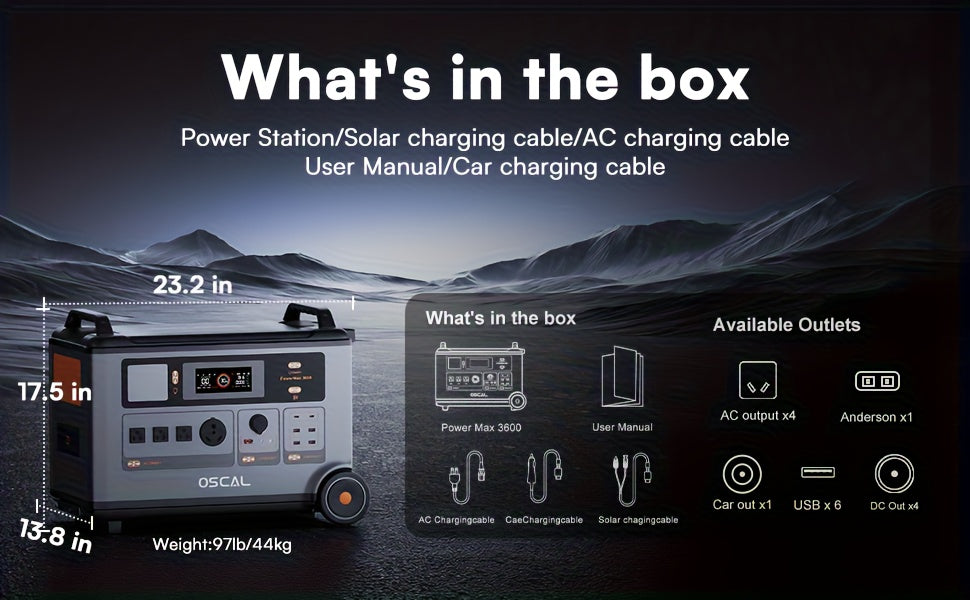 OSCAL PowerMax 3600 Solar Generator with 4x400W Solar Panels & 30W Panel - 3600Wh/3600W Power Station, 7200W Peak Output, 1.2H Backup, App Control, Portable AC Power for home, RV, Off-Grid - Heavy-Duty for home, Camping, Emer