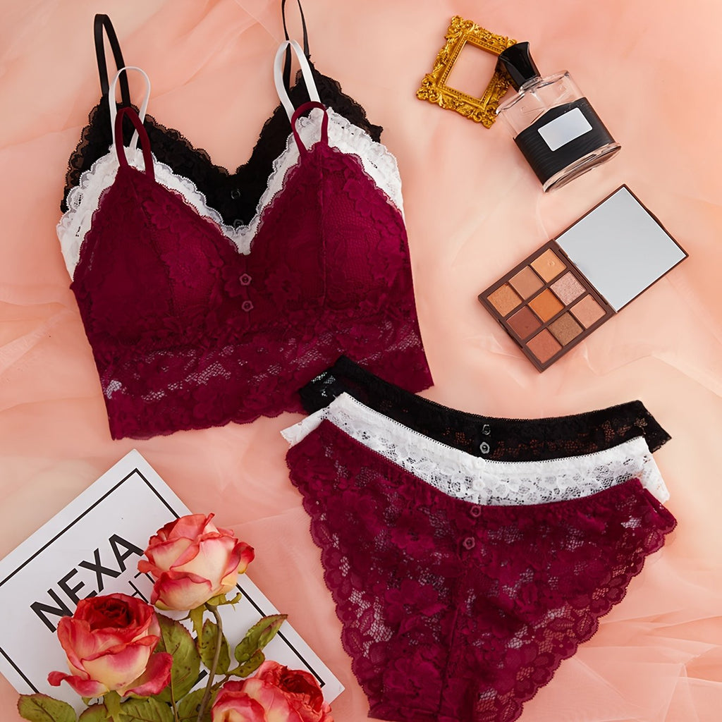 3 Sets Floral Lace Bra & Panties, Wireless Bra & Mesh Panties Lingerie Set, Women's Lingerie & Underwear
