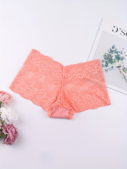 6pcs Floral Lace Boyshort Panties, Soft & Comfortable Scallop Trim Panties, Women's Lingerie & Underwear