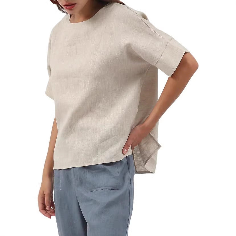 Linen Top Crew-neck Short-sleeve Shirt