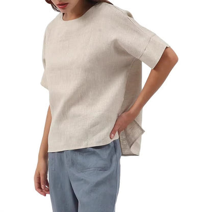 Linen Top Crew-neck Short-sleeve Shirt