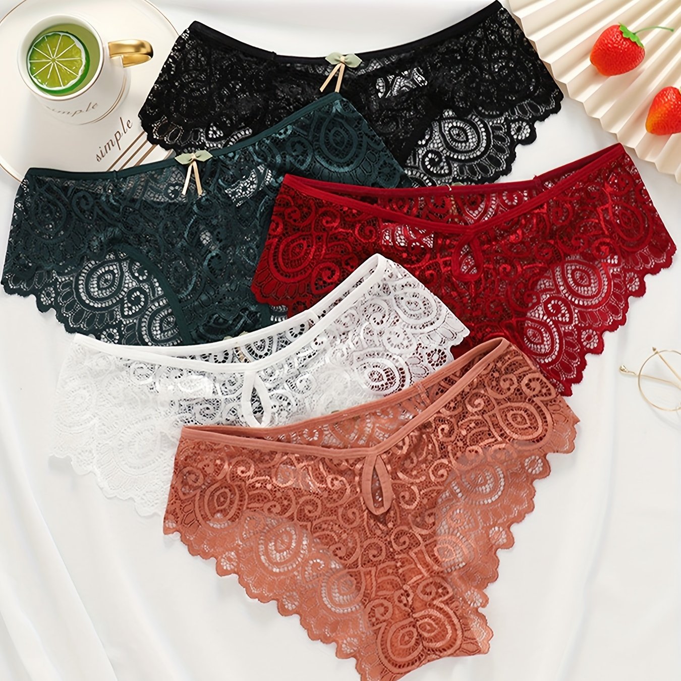 5pcs Floral Lace Bow Tie Briefs, Sexy Cut Out Scallop Trim Panties, Women's Lingerie & Underwear