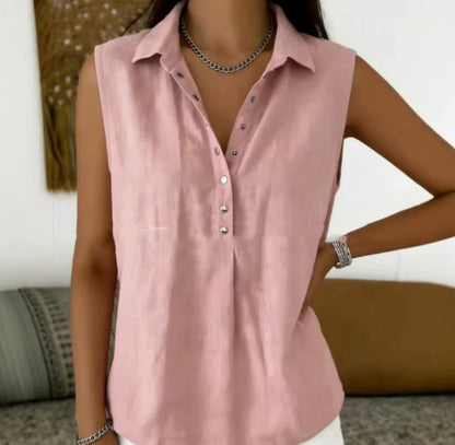 Womens Loose Comfortable Collared Sleeveless Solid-Color Shirt
