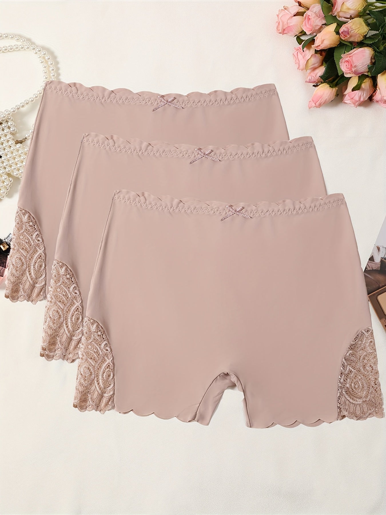 3pcs Contrast Lace Boyshort Panties, Seamless Scallop Trim Bow Tie Panties, Women's Lingerie & Underwear