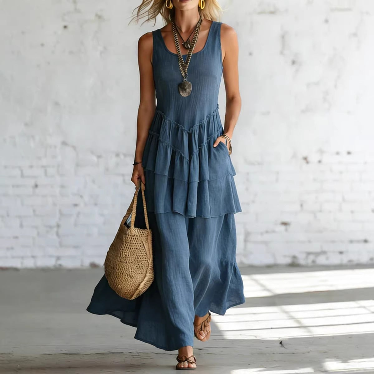 Cotton-linen Loose-fit Maxi Dress With A Sleeveless Design