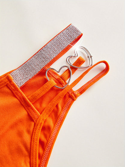 3pcs Heart Ring Linked Thongs, Hollow Out Low Waist Stretchy Panties, Women's Lingerie & Underwear