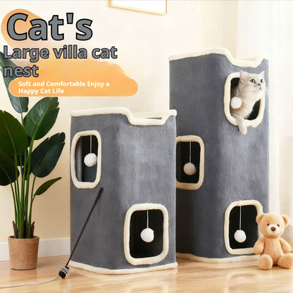 Cat Climbing Frame Scratching Post Nest Semi-enclosed Square Tree Hole Pet Cat Villa All-season Warm Cat House Wholesale
