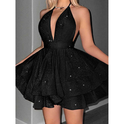 Women's Sparkly Halter Deep V Neck Backless Ruffle Sleeveless Sexy Mini Dress