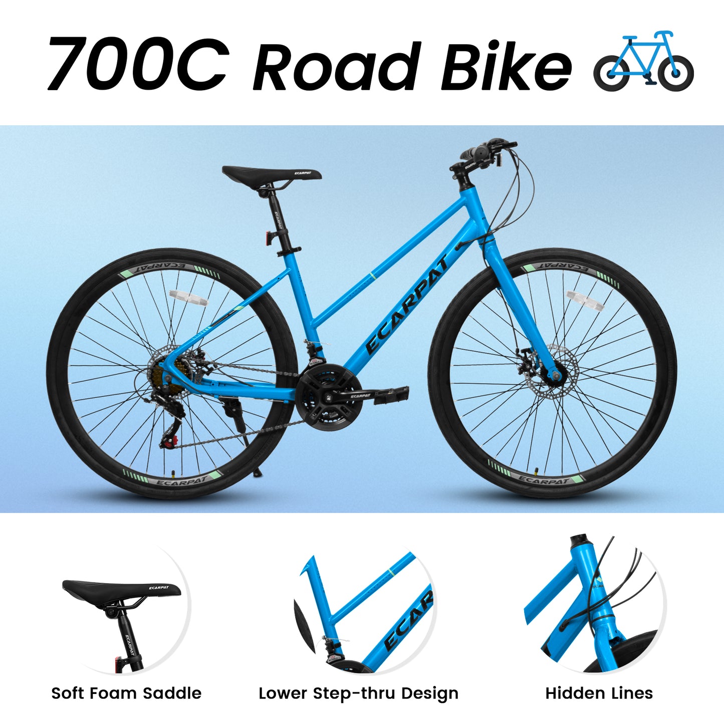 A28250 700Cx35 Road Bike With Aluminum Alloy Wheels, 21-Speed Gear System, Disc Brakes, Wide Tires Ideal For Urban Commuting And Student Transportation
