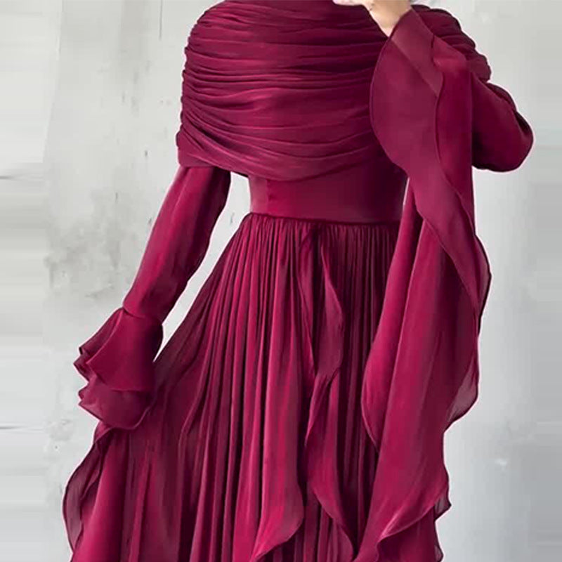 Womens Irregular Pleated Ruffle Red Elegant Long Dress