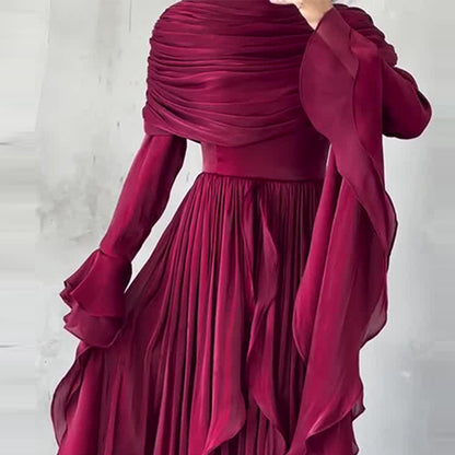 Womens Irregular Pleated Ruffle Red Elegant Long Dress