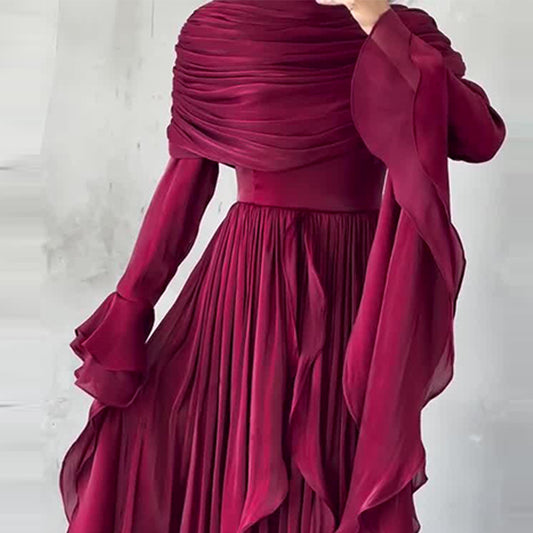 Womens Irregular Pleated Ruffle Red Elegant Long Dress
