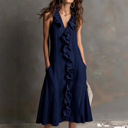 Solid-color Sleeveless Cotton-Linen V-Neck Maxi Dress With Ruffled Hem