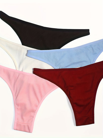 5pcs Solid Ribbed Panties, Soft & Comfy Heart Ring Linked Panties, Women's Lingerie & Underwear