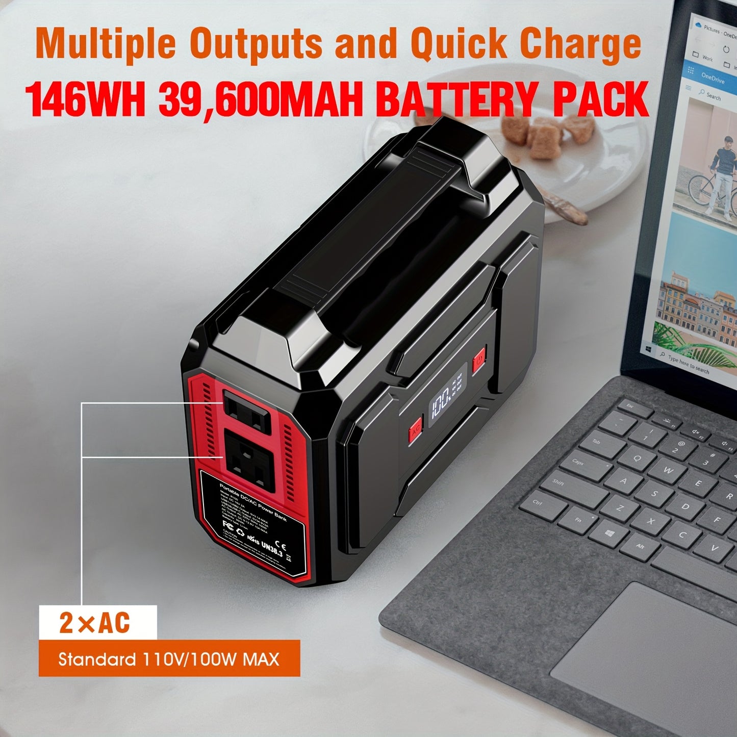 39600mAh Portable Power Station - High-Capacity Small Solar Generator (Without Panel), With 110V AC Outlet, DC Port, USB-C Port, 3 USB Output, LED Light - Portable Battery Pack For Home, Outdoor Adventures, Road Trip, Camping