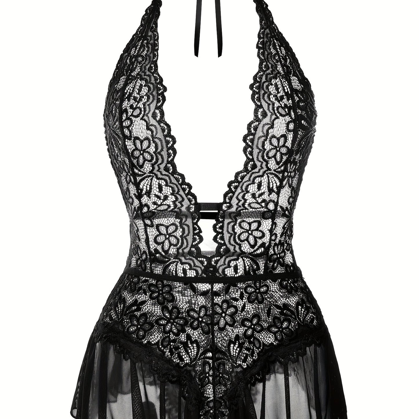 Sultry Floral Lace Teddy Bodysuit - Teddies with Halter Strappy Backless Open Crotch Design, Sexy Women's Lingerie & Underwear for Romantic Nights Out