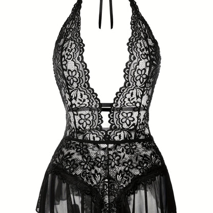 Sultry Floral Lace Teddy Bodysuit - Teddies with Halter Strappy Backless Open Crotch Design, Sexy Women's Lingerie & Underwear for Romantic Nights Out