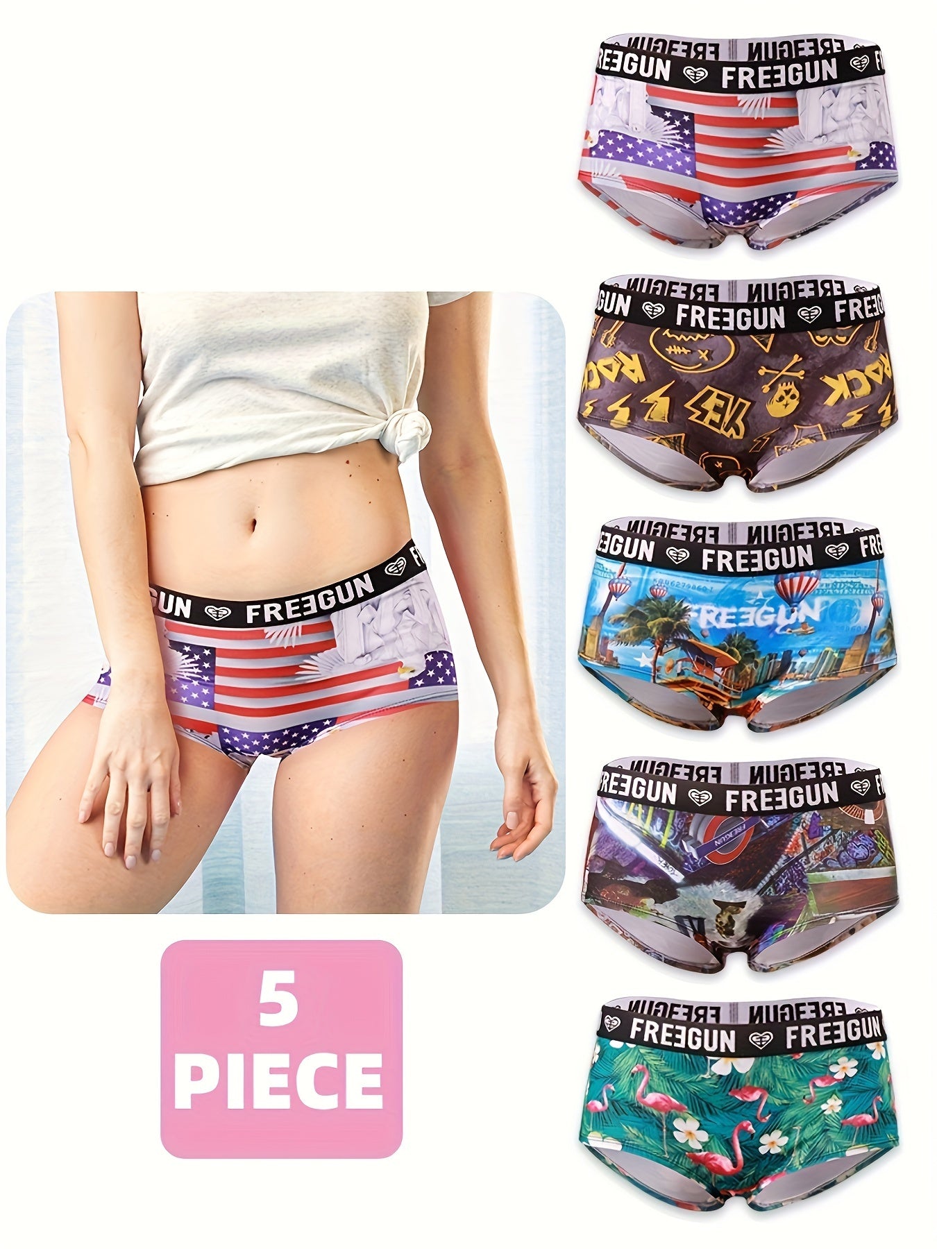 5pcs Soft & Comfortable Cartoon Print Boy Shorts - Women's Lingerie & Underwear with Cute Designs, Breathable Fabric, and Relaxing Fit for Everyday Wear