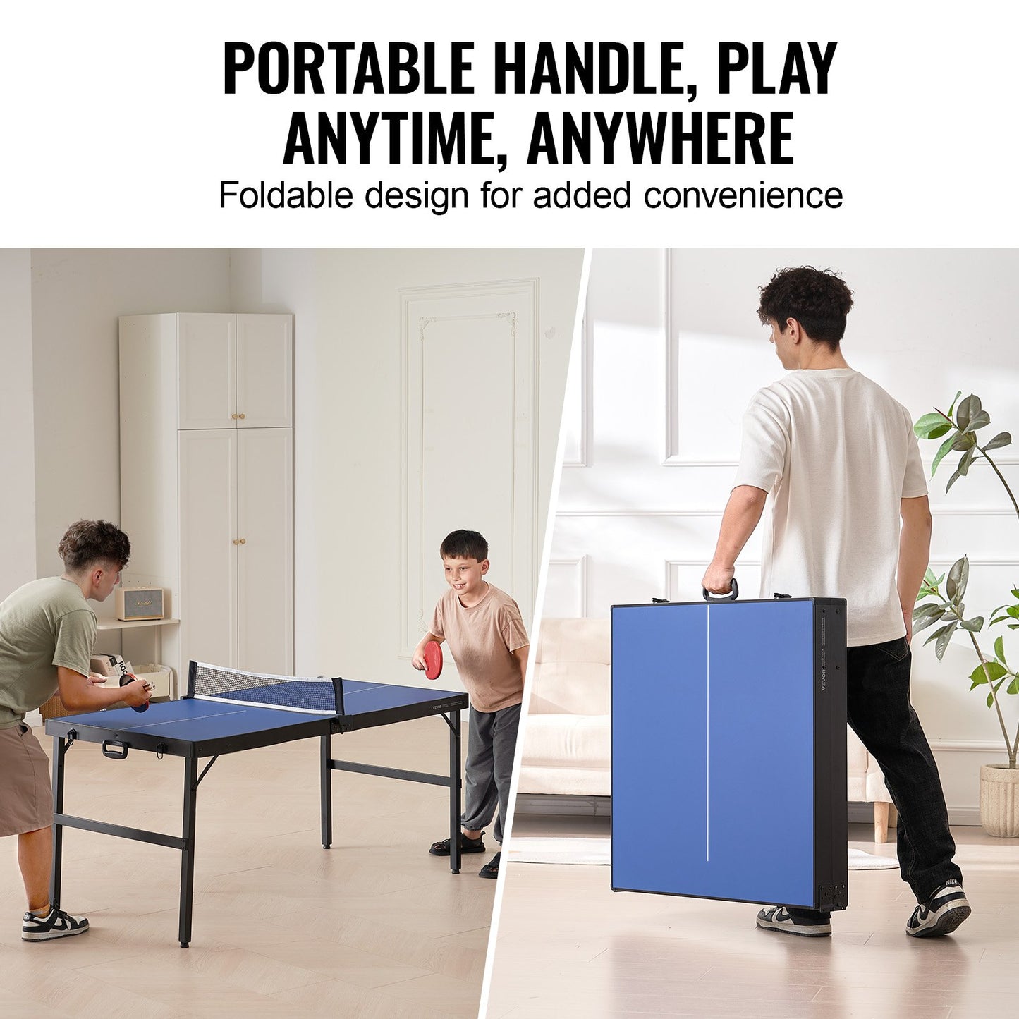 Ping Pong Table, Mid-Size Table Tennis Game, Indoor MDF Table Tennis Table, Foldable Portable Complete Ping Pong Table Set With Net, 2 Paddles, 3 Balls, Carry Bag, Handle (No Assembly Required)