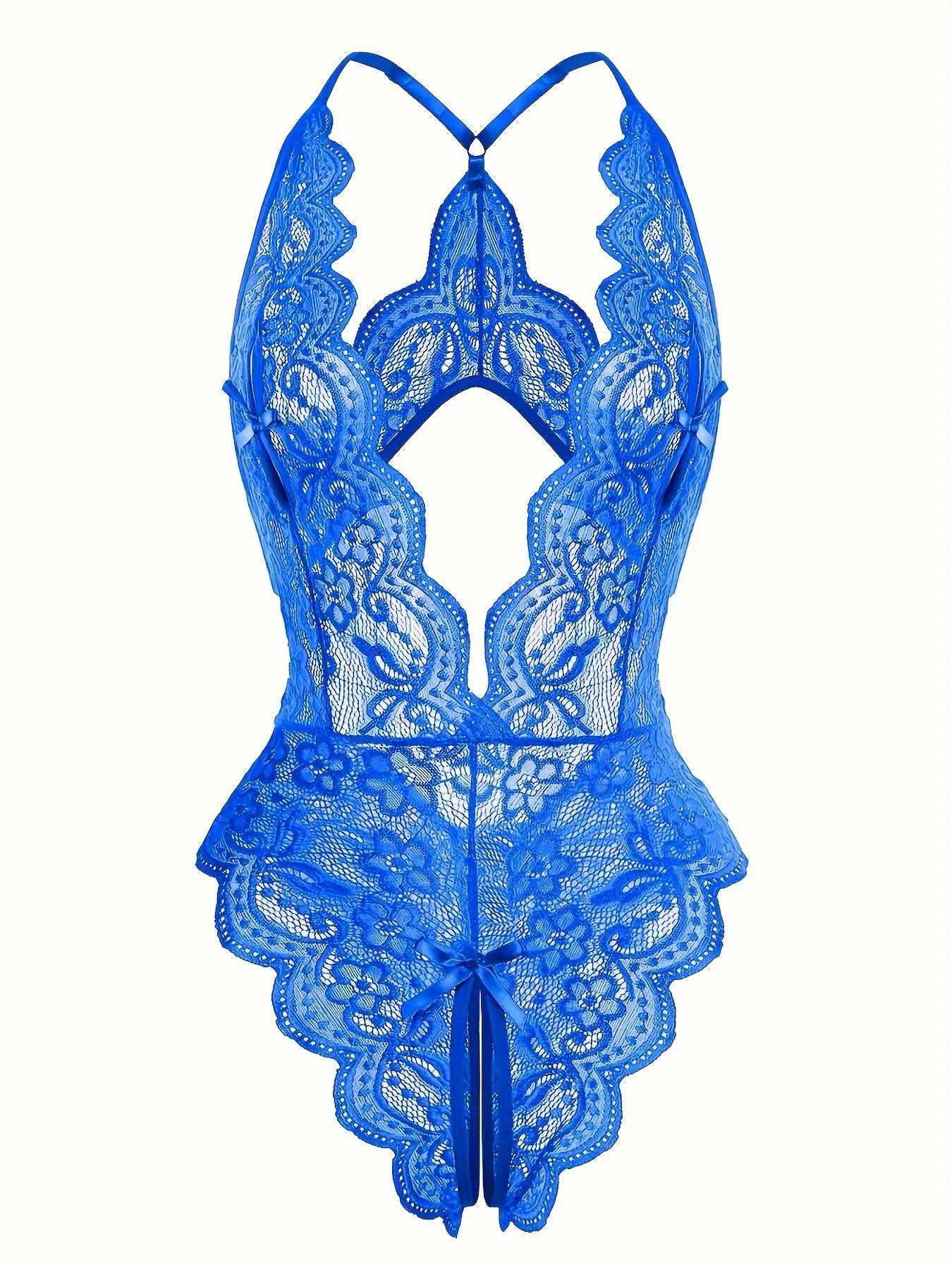 Sultry Floral Lace Bodysuit - High-Elasticity, Semi-Sheer, Scallop Trim, Backless, Open Crotch, Hand Wash Only, Sexy Womens Lingerie & Underwear for Adults - Knit Fabric, Bodystocking Stocking