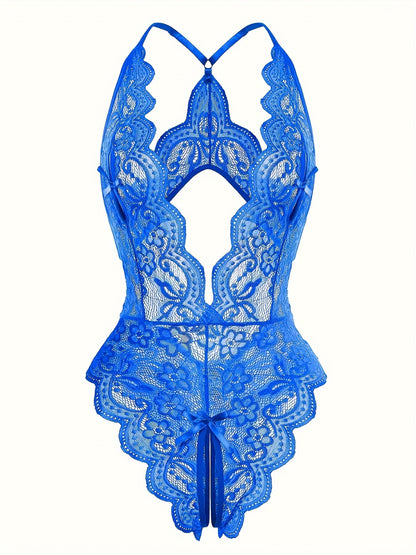 Sultry Floral Lace Bodysuit - High-Elasticity, Semi-Sheer, Scallop Trim, Backless, Open Crotch, Hand Wash Only, Sexy Womens Lingerie & Underwear for Adults - Knit Fabric, Bodystocking Stocking